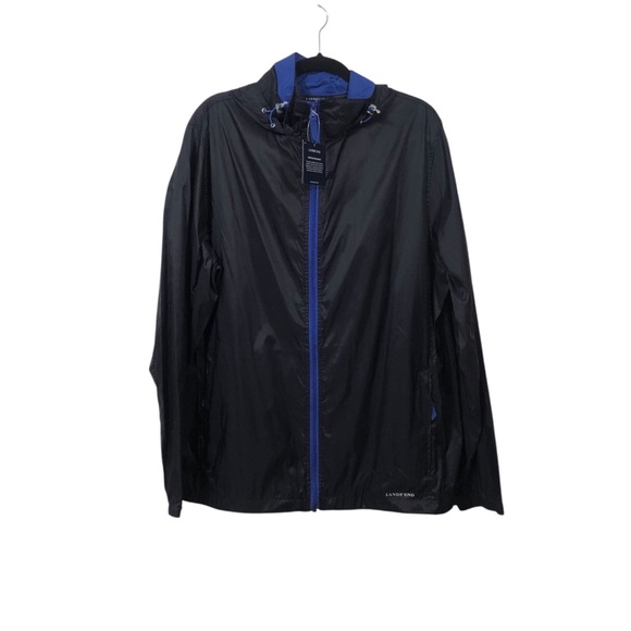 NWT🌟LANDS’ END Black/Blue Unisex Packable Rain Jacket outdoor rain Large… - Picture 1 of 14